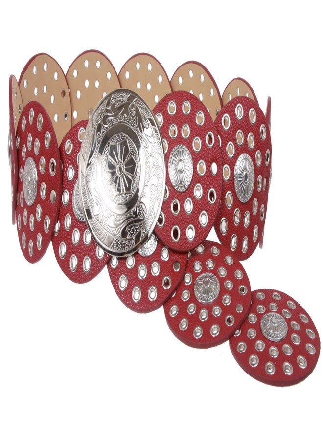 Beltiscool Women's 3 1/2" (90 mm) Wide Boho Disc Concho Leather Belt, Red | s - 39" (99 cm) end-to-end - Image 1